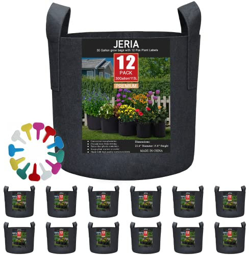 JERIA 12-Pack 30 Gallon, Vegetable/Flower/Plant Grow Bags, Aeration Fabric Pots with Handles (Black), Come with 12 Pcs Plant Labels