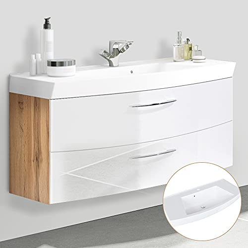 Lomadox Badmöbel Waschtisch-Unterschrank Set 120cm, Hochglanz weiß mit Wotaneiche, 120cm Waschbecken, 2 Softclose-Schubkästen, B/H/T: ca. 120/54/47cm …