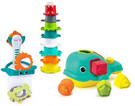 INFANTINO Ocean Fun Bathtime Playset - Including Orca The Shape-Sorting Whale, Shoot 'n Scoop Ocean pals and 8 Colourful Stacking Cups, BPA Free