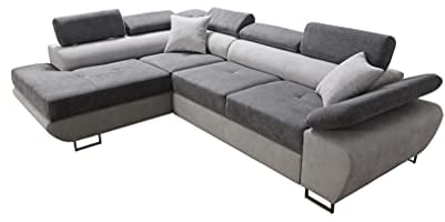 Robin Saturn Premium Ecksofa Schlaffunktion Bettkasten Verstellbare Kopfstützen Kissen Sofa L-Form Schlafsofa Freistehende Eckcouch Schlafcouch Wohnzimmermöbel Wohnlandschaft Links Silber Anthracite