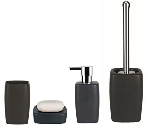 Spirella Badezimmer Set, 4-teiliges Badzubehör aus Steinzeug Retro Seifenspender, Seifenschale, WC Bürste und Zahnputzbecher Pastellgrün