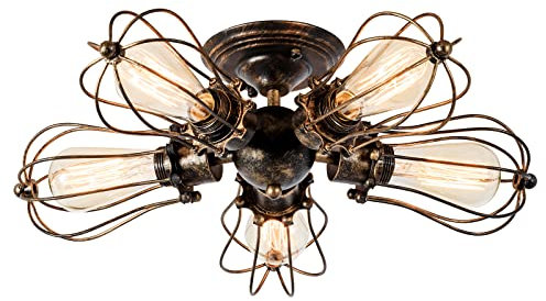 Vintage Deckenleuchte Industrielüster Verstellbare Steckdose Metalldrahtkäfig Halbschalenmontage Rustikale Deckenleuchte Leichtmetall-Leuchten (ohne Glühbirne) (mit 5 Licht) (Bronze)