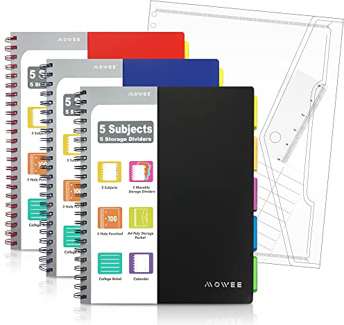 MOWEE 5 Subject Notebook, 3 Pack College Ruled Notebook with Storage Divider Pockets, Index Tabs, 11 Ruler,200 Pages, for School, Business, Office Supplies, 8.1''x11.7''（Black Red Blue
