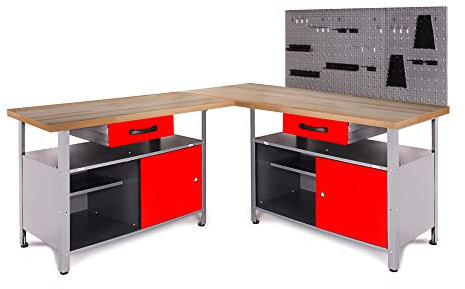 Ondis24 Werkstatt Set Ecklösung One, Werkbank, 120 + 60 cm Buchenholzarbeitsplatte, Werkzeugwand Lochwand, Haken Set, Metall (Arbeitshöhe 85cm, rot)