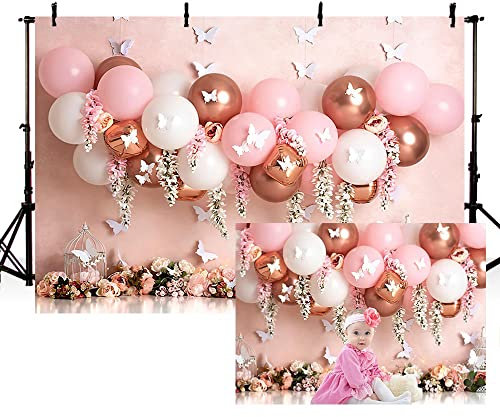 MEHOFOND Hintergrund für 1. Geburtstag, für Neugeborene, Fotografie, Luftballons, Blumenparty, Porträt, Dekoration, Kuchen, Smash, Blumenmotiv, Vogelkäfig, Fotostudio, Standzubehör, 2,1 x 1,5 m