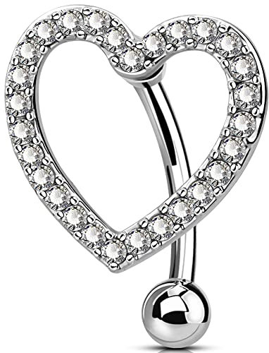 OUFER 14G Reverse Bauchnabelpiercing Chirurgenstahl Herz 16 mm Stablänge Lang Piercing Bauchnabel Bananabells CZ Nabelpiercing Silber Belly Button Piercing Bar Navel Ring