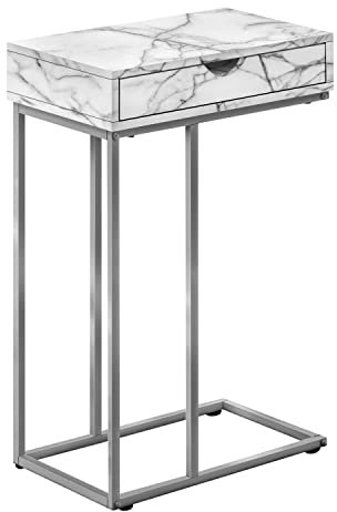 Monarch Specialties Metallrahmen für Sofa oder Bett, C-förmiger Beistelltisch mit 1 Schublade, 40 cm L, weißer Marmor/Silber
