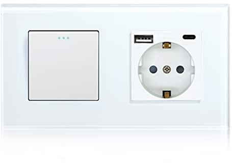 BSEED Interruptor Cruzamiento y Enchufe USB C,Basculante Con Pilotitos LED,Marco de Cristal,Fácil Instalación,Fáciles de Limpiar,1 Gang 3 Vía Con Enchufe USB/Tipo C,157mm Blanco