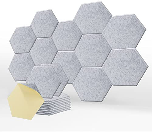 SK Studio 12 Stücke Akustikplatten, Akustik Hexagon Panels 30 x 25 x 0.9cm Selbstklebend Schallschutzpaneele Hochdichte Wandfliesen für Tonstudio, Büro, Studio, Akustische Behandlung Grau