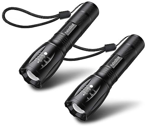 EXTRASTAR LED Torch Battery Powered, Zoomable Torches Adjustable Focus Led Bright Flashlight, 5 Modes Mini Tactical Torch for Camping, Hiking, Power Cut, Pack of 2