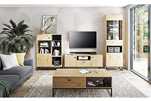 Lomadox Wohnzimmer Wohnwand mit Couchtisch in Artisan Eiche Nb. mit schwarz, B/H/T ca. 315/202/40 cm