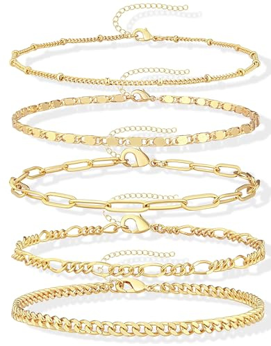 Gokeey 14k Gold Plated Ankle Bracelets for Women Layered Anklet Set Waterproof Paperclip Satellite Mirror Figaro Cuban Chain Beach Anklet Bracelet Jewelry Gifts Adjustable Size