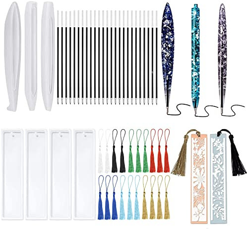 YMJD 52PZ Kit,4 Segnalibro in Resina Set 3 Stampi a Forma di Penna in Resina Silicone con 25 penne e 20 Nappe