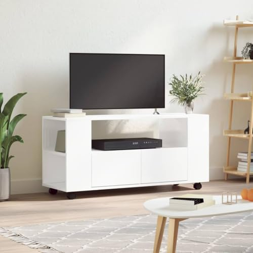 Festnight TV Schrank mit Rollen Fernsehtisch mit Schublade Fernsehschrank TV Lowboard mit Fächer Moderne TV Bank TV Tisch TV Board TV Table TV Möbel Hochglanz-Weiß 102x34,5x43 cm