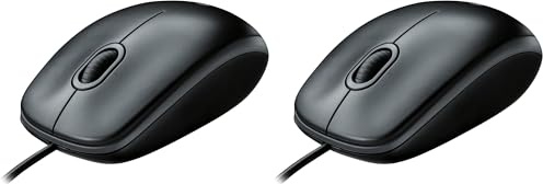 Logitech B100 Wired USB Mouse, 3-Buttons, Optical Tracking, Ambidextrous PC/Mac/Laptop - Black (Pack of 2)