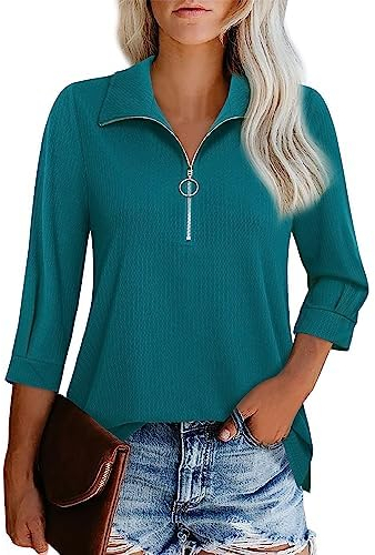 Cuptacc Tee Shirt Femme Col V Trois Quarts Manche Casual Douceur Chemisier de Travail Manches Enroulables Haut Zippé Summer Ample Tops Lac Bleu L