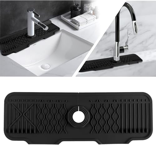 Sink Faucet Mat Silicone Draining Mat Kitchen Sink Splash Guard Faucet Handle Drip Catcher Tray for Kitchen, Bathroom, Countertop Protect (Black)