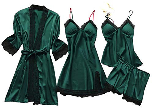 Satin Pyjama 4-teiliges Schlafanzüge Nachthemd Set für Damen Mode Versuchung aus Baumwolle Lingerie Spaghetti Träger Slim Fit Spaghetti Träger Sleepshirt Nightwear
