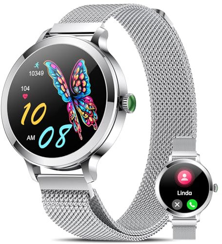 Marsyu Smartwatch Damen mit Telefonfunktion, 1.1 AMOLED Elegant Runde Fitnessuhr, High-End Runde Smartwatch Sportuhr mit Verstellbares Milanese-Metallarmband, Mode Geschenke für Damen, Silber