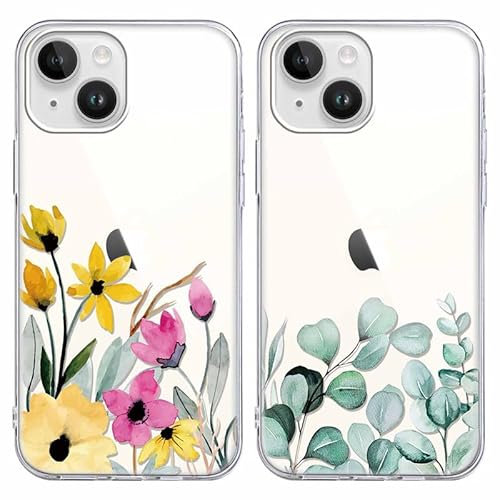 Foonary 2 pezzi Trasparente Cover per Apple iPhone 14/iPhone 13 6,1, Custodia Aesthetic Fiori Floral Motive Design, Ultra Sottile Morbido Silicone Antiurto AntiGraffio Protezione Phone Case, Fiore10