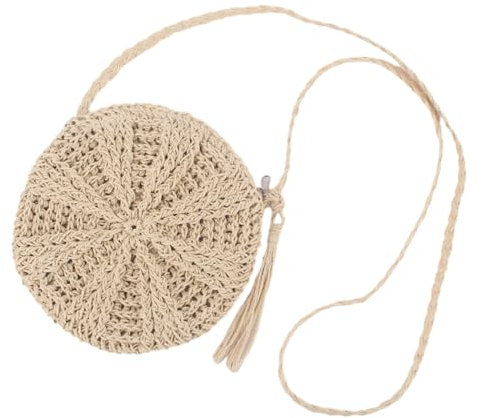 Sac de Paille pour Femmes Sac à bandoulière en Paille Rond Sac à bandoulière Unique Petits Sacs de Plage d'été avec Pompon Sac à bandoulière bohème pour Voyage (Beige)