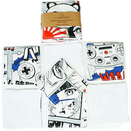 Lingettes démaquillantes lavables bambou, cotons réutilisables, pads, fait main, lot de 7 (Manga)