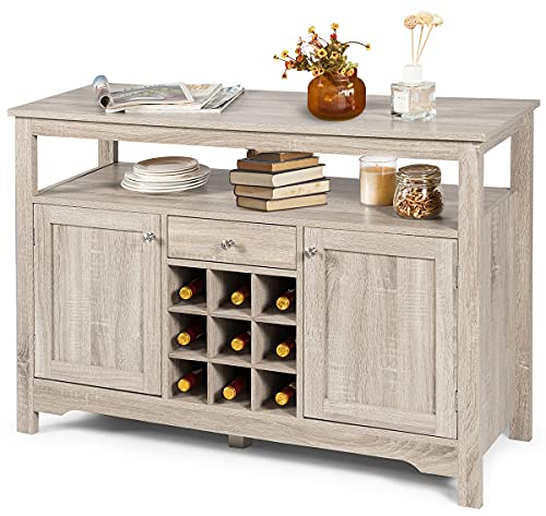 TANGZON Storage Cabinet, Wooden Kitchen Sideboard with Removable 9-Bottle Wine Rack, Drawer, Adjustable Shelves & 5 Legs, Floor Standing Console Table Buffet Cupboard for Dining Living Room (Gray)