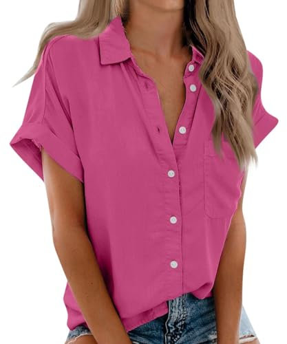 Chemise Manche Courte Femme, 2024 Chemise Femme Éte Chemisier Col V avec Boutons Décontractés Tops Couleur Unie/Imprimé T-Shirts Casual Tunique Blouse Pas Cher Haut de T-Shirt Imprimé,Rose vif,XXL