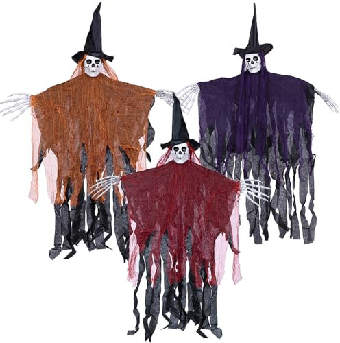 XUNIVERS Halloween Skelett - 3 Stück 105cm Hängender Sensenman, Geister Dekoration, Horror Deko für Garten und Outdoor Party
