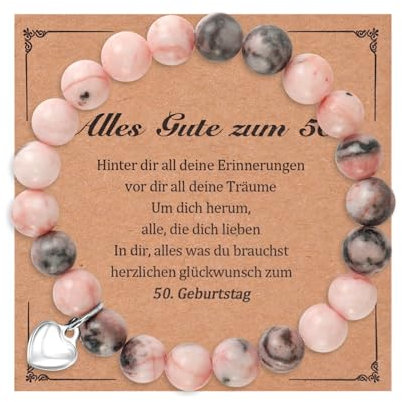 Geschenke Zum 50 Geburtstag Frau, Rosa Naturstein Armband Damen Mit Karte Und Box, Geschenk 50 Geburtstag Frau, Geburtstagsgeschenk Für Frauen 50, Geschenk 50. Geburtstag Frau Für Oma, Mama, Schwester