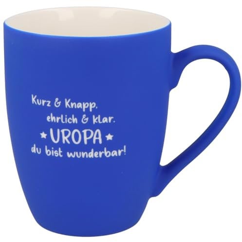 Spruchreif | Soft-Touch Tasse Blau Kurz & Knapp, ehrlich & klar. Uropa… – Beidseitig gravierte Tasse | Geschenk für Uropa zum Geburtstag | 350 ml