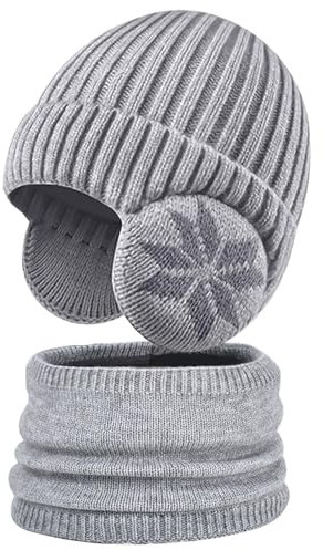 Heveer Kinder Wintermütze Jungen Warme Strickmütze Loop Schal Set Gefüttert Ohrenschützer Hut 4-10 Jahre Schlupfmütze für Outdoor Hellgrau