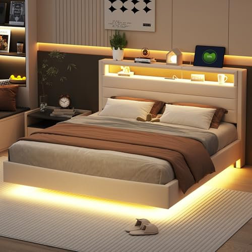 Letto Matrimoniale 160x200 cm con LED e USB, Letto una piazza e mezza con Spazio SullaTestiera e vano Portaoggetti, Letto Imbottito con rete a doghe, Struttura Letto Matrimoniale Beige