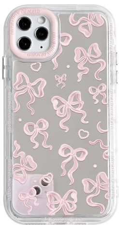NITITOP Compatible with iPhone 11 Pro Max Case Cute Mirror Bow Love Heart Pattern for Women Girls Ribbon Design Shockproof Silver Protective Phone Cover - Light Pink Bow