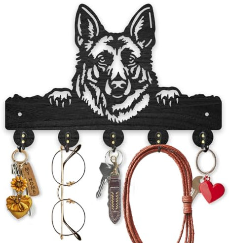 MAYJOYDIY Porte Clef Mural en Bois de Berger Allemand 30×20cm Chiens d'animaux Crochets Muraux pour Clés Manteaux avec 5 crochets en Alliage pour Porte D'Entrée Cuisine Bureau Décoration