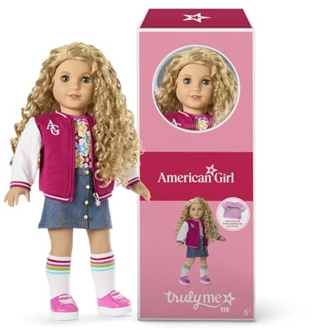 American Girl, Truly Me 18-inch Doll #115 with Gray Eyes, Curly Blonde Hair, Light Skin, Varsity Jacket, for Ages 6+