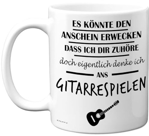 Cadeaux de guitare - « Eigentlich Denke Ich an Gitarrespielen Tasse » - Tasse amusante pour musiciens, cadeaux pour guitaristes, amateurs de musique, tasse en céramique de qualité supérieure de 325