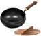 Wok hecho a mano chino, sartén de hierro fundido con tapa y mango de madera, sartén antiadherente, 24 cm de diámetro, método tradicional, sin recubrimiento para cocina de y cocina de inducción