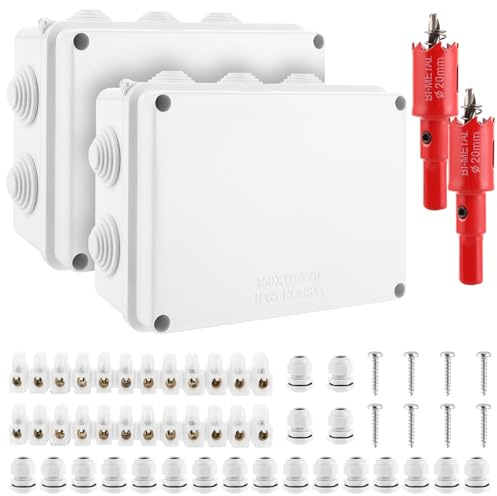 WOPPLXY 2 Stück Abzweigdose Wasserdicht IP65, 15x11x7cm Verteilerdose Aufputz mit 20 x M20 Kabelverschraubung, 2 x Klemmleiste, 2 x Lochsäge 20mm, 8 Schrauben, Abzweigdose Aufputz (Weiß)