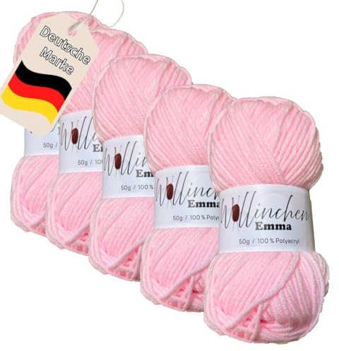 Wollinchen Wolle Emma - 5 x 50g - leuchtende Farben, Babywolle, Wolle zum Stricken, Häkeln, Knüpfen oder Basteln (Rosa)