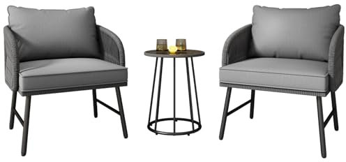 Ensemble bistrot 3 pièces pour balcon et jardin avec corde tressée à la main, table en verre résistant aux intempéries, diamètre 50 cm, fauteuils ergonomiques 63 x 69 x 71 cm, cadre en acier galvanisé