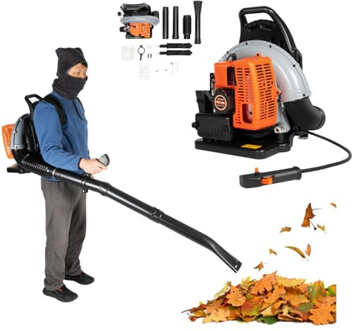 ROGONPDK 63cc 2 Takt Benzin Laubbläser Rückentragbar | 2.7 KW Pneumatisches Gebläse | 557G/KW.h Bläser Rücken Laubgebläse für Terrassen, Gärten | Luftgekühlt Gartenbläser mit gepolsterten