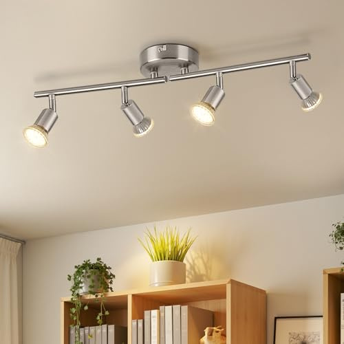 Ketom Deckenstrahler LED 4 Flammig, GU10 Deckenlampe Silber, Schwenkbar | Lampe Küche Decke Metall, Strahler Innen Wand Modern, Deckenleuchte 4 Spots für Wohnzimmer, Schlafzimmer, Ohne Leuchtmittel