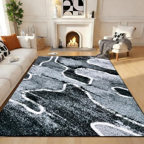 Alishomtll Teppich Wohnzimmer 160x230cm, Kurzflor Schlafzimmer Anti-Rutsch Waschbar Teppich, Moderne Geometrische Linien Pflegeleicht Weicher Langlebig Groß Rechteckig Rugs, Grau Schwarz