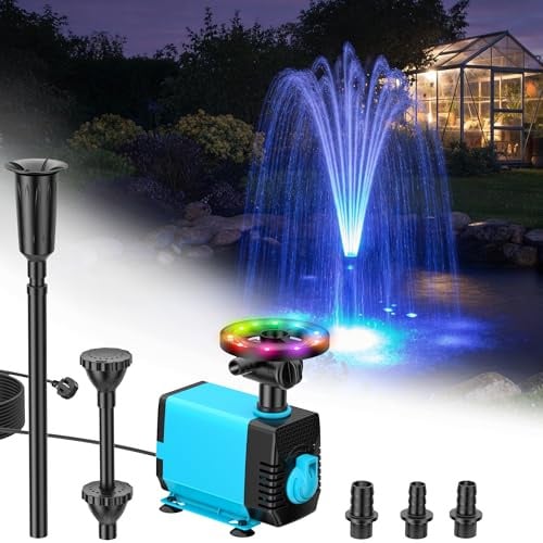 POPOSOAP Pond Fountain with RGB Lights for Day & Night Pond Decoration | 40W Submersible Pump, 2100 L/h Flow, Adjustable Height & Water Flow for Water Features