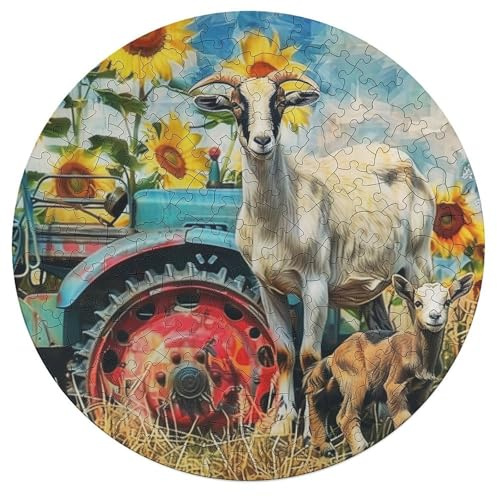 Vintage Traktor gemalt Rund Puzzles Erwachsene Und Kinder Mit Tierförmigen Puzzleteilen Pastoral Farm Landscape Voll Größe Geschenk Poster Game Abbauen Impossible Stress 195 PCS