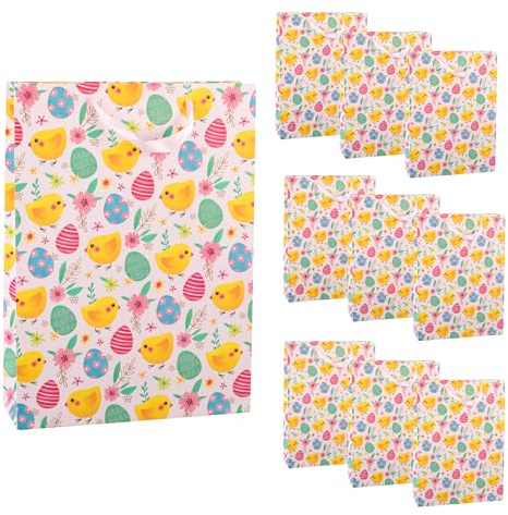 Idena 90538 - Geschenktüten Ostern, 10 Stück, Geschenktaschen in der Größe 25 x 34,5 x 8,5 cm, bunte Papiertüten mit Ostereiern und Küken