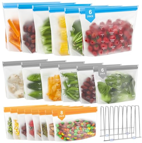 IDEATECH Freezer Bags Silicone 20 Pack Resealable with Stainless Steel Rack Leakproof Stand Up Washable Fridge Plastic Zip Lock Food Storage for Kitchen