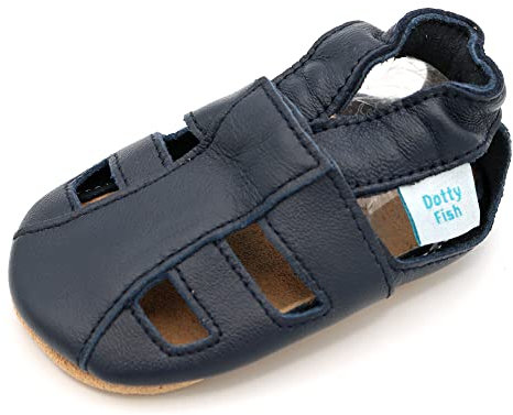 Dotty Fish Sommersandalen für Babys und Kleinkinder aus weichem, marineblauem Leder. Jungen und Mädchen – rutschfest, barfuß, von Podologen empfohlen, elastischer Knöchelbund – 6-12 Monate (19 EU)