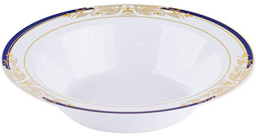 Elegant China-Look Re-usable Plastic Party Bowls/Soup Bowls - 12oz (340ml) - White/Gold/Cobalt Blue - Pack of 10